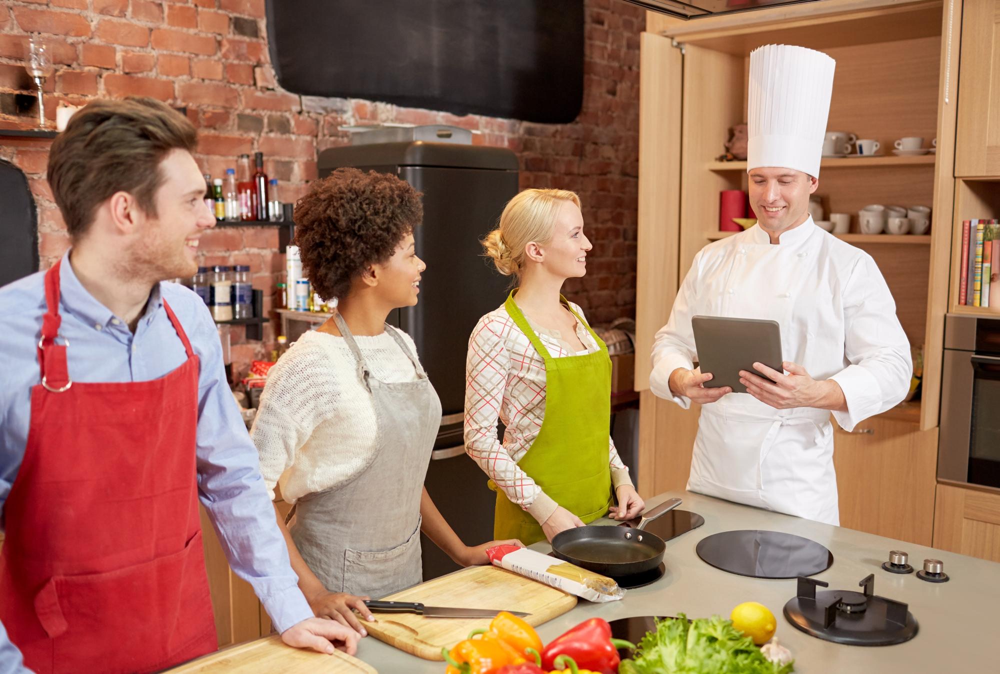 Studio kitchen with chef and students